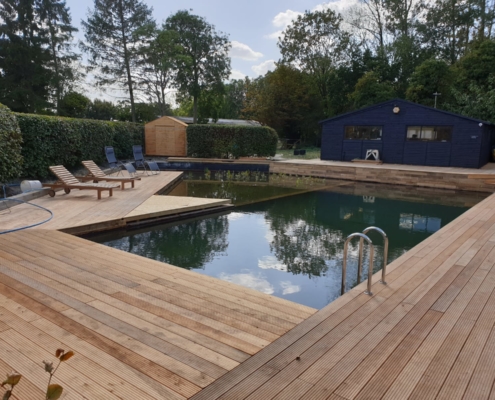 Natural swimming pond deck